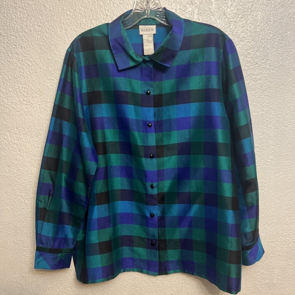 Koret Women 100% Silk  Plaid Long Sleeve‎ Button Up Size Medium